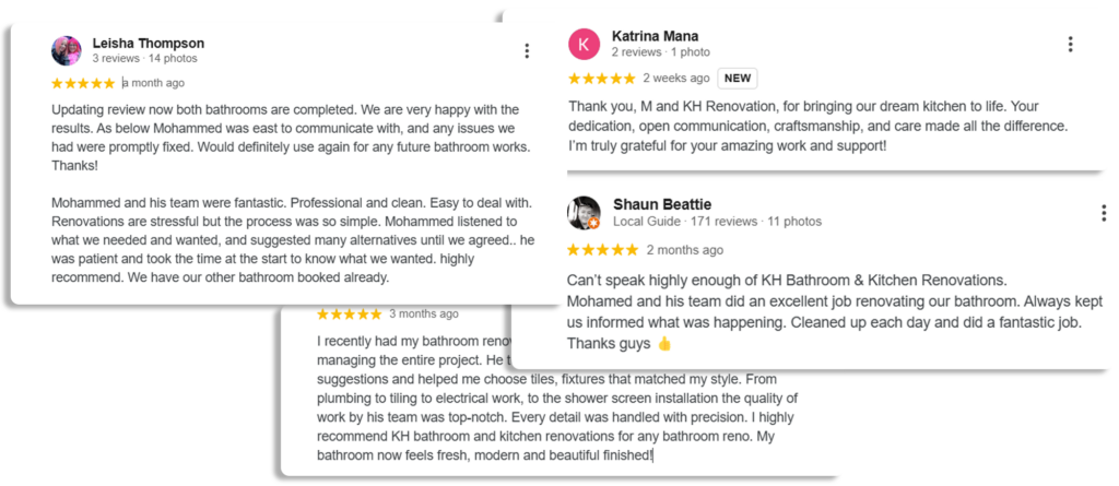 5-star Google reviews for KH Bathroom and Kitchen Renovations