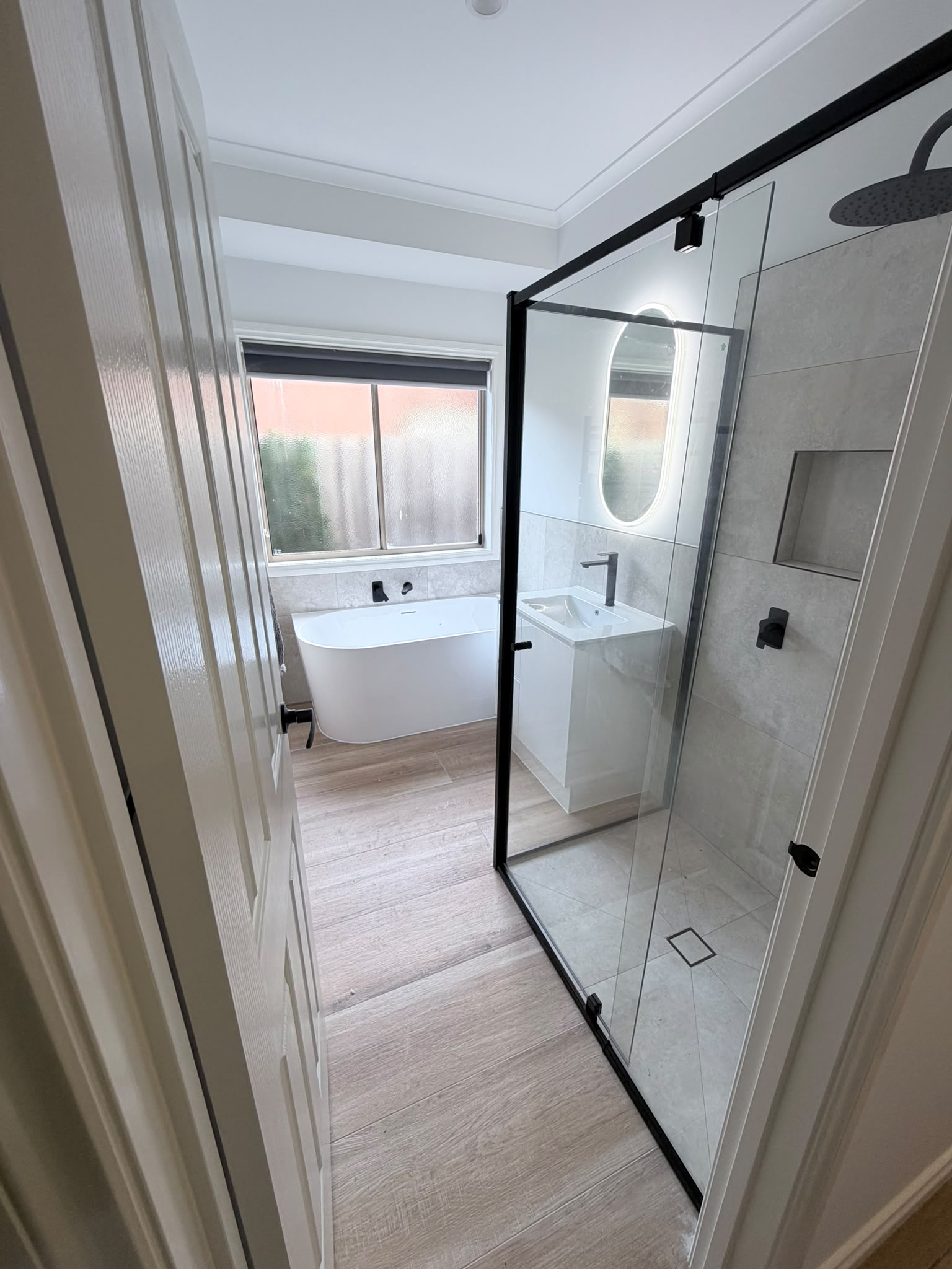Completed bathroom renovation Hoppers Crossing - freestanding bath and walk-in shower